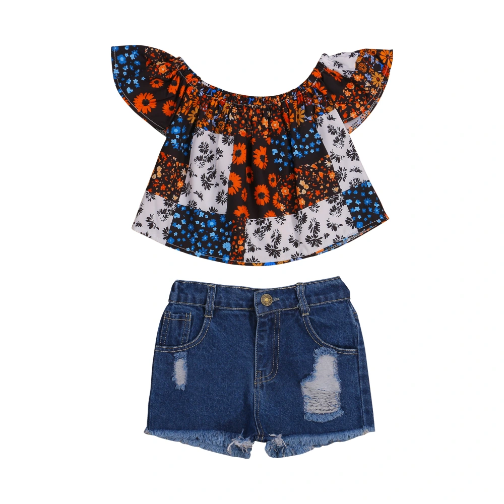 Kids Floral Print Round Neck Fly Sleeve Tops+ Ripped Denim Shorts