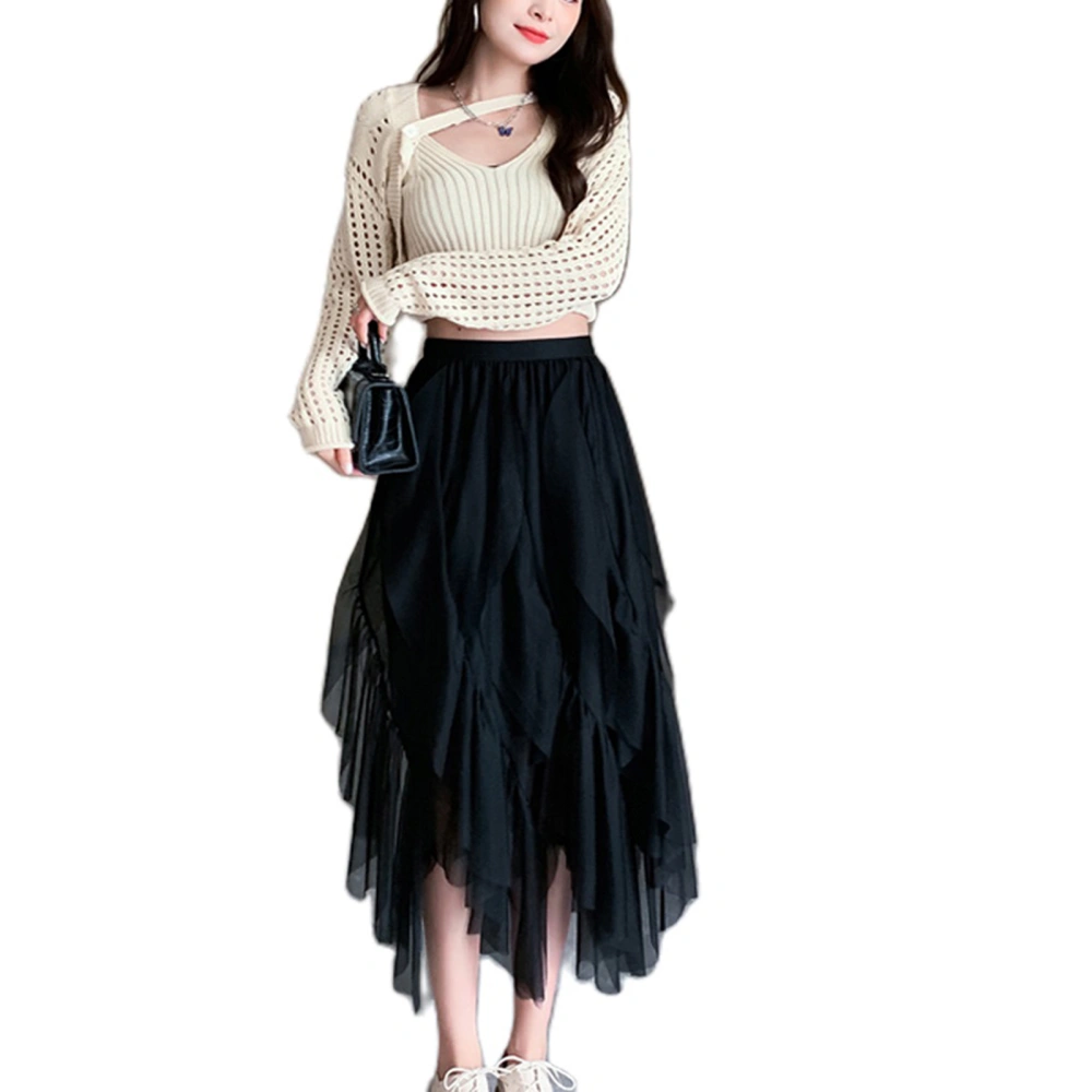 Women Pleated Half Dress Long Mesh Solid Color Spring Fall Skirt