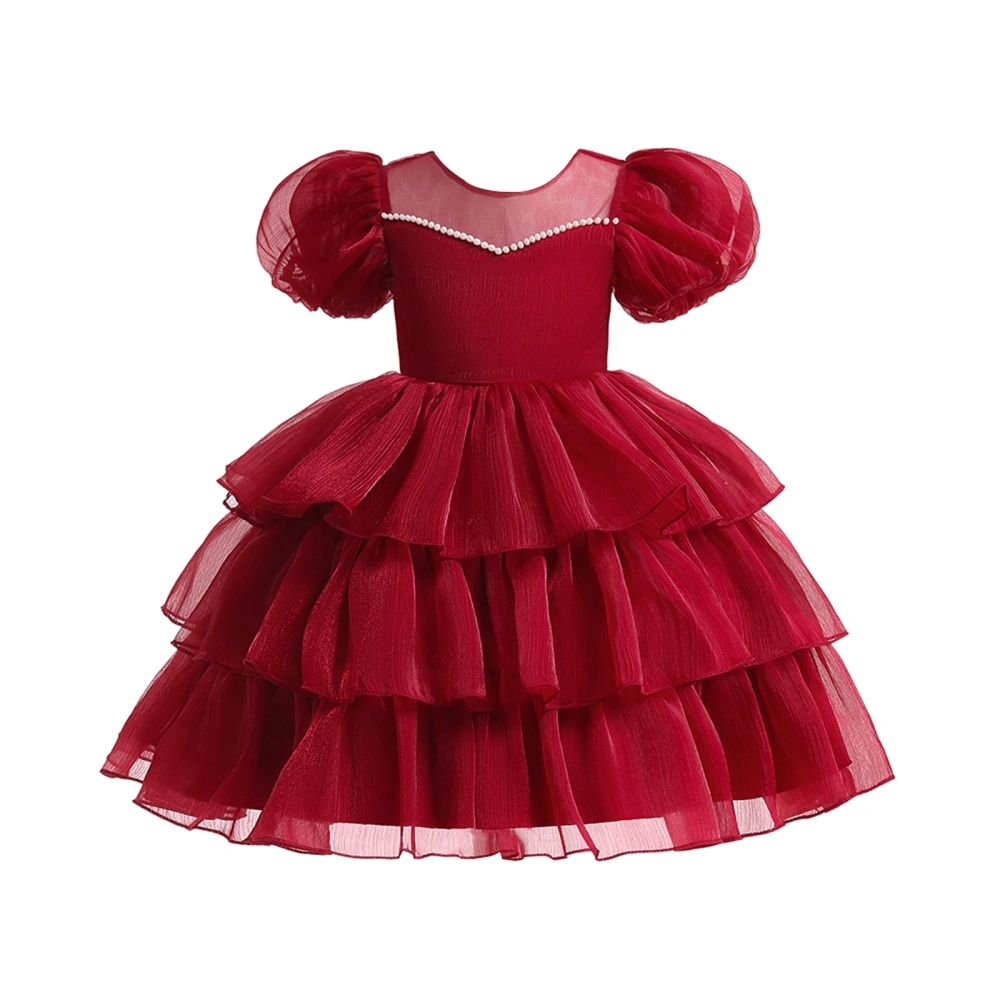 Girls Dress Solid Color Pearl Decor Puff Sleeve Flower Girl Dress