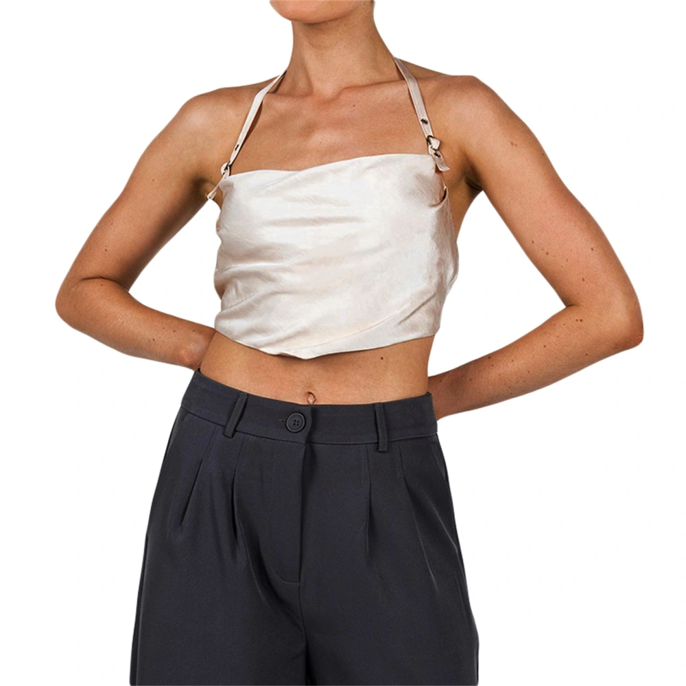 Women Halter Crop Cami Tops, Sleeveless Hanky Hem Silk Satin Camisole