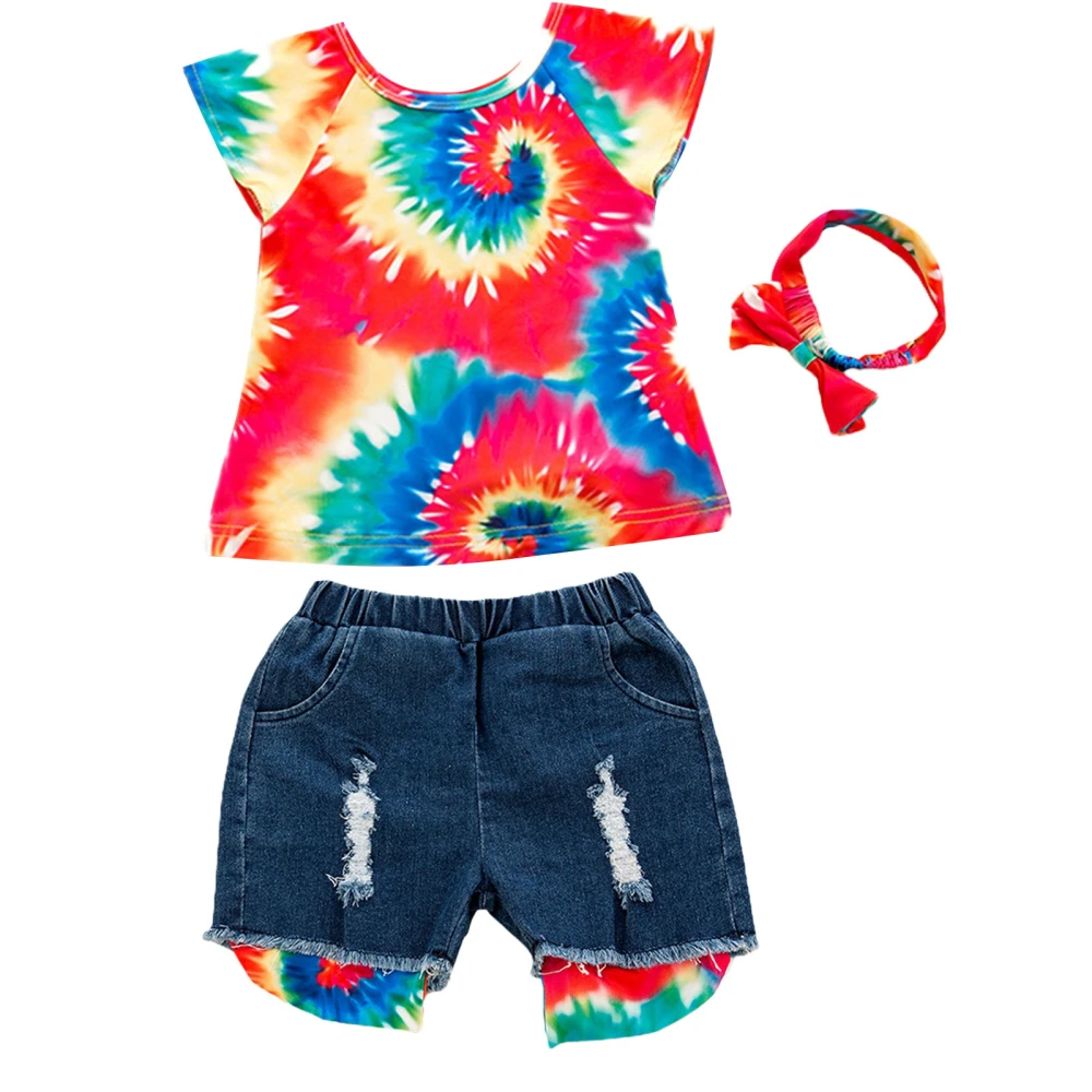 Girl’s Tie-dye Fly Sleeve Tops and Denim Short Pants with Headband