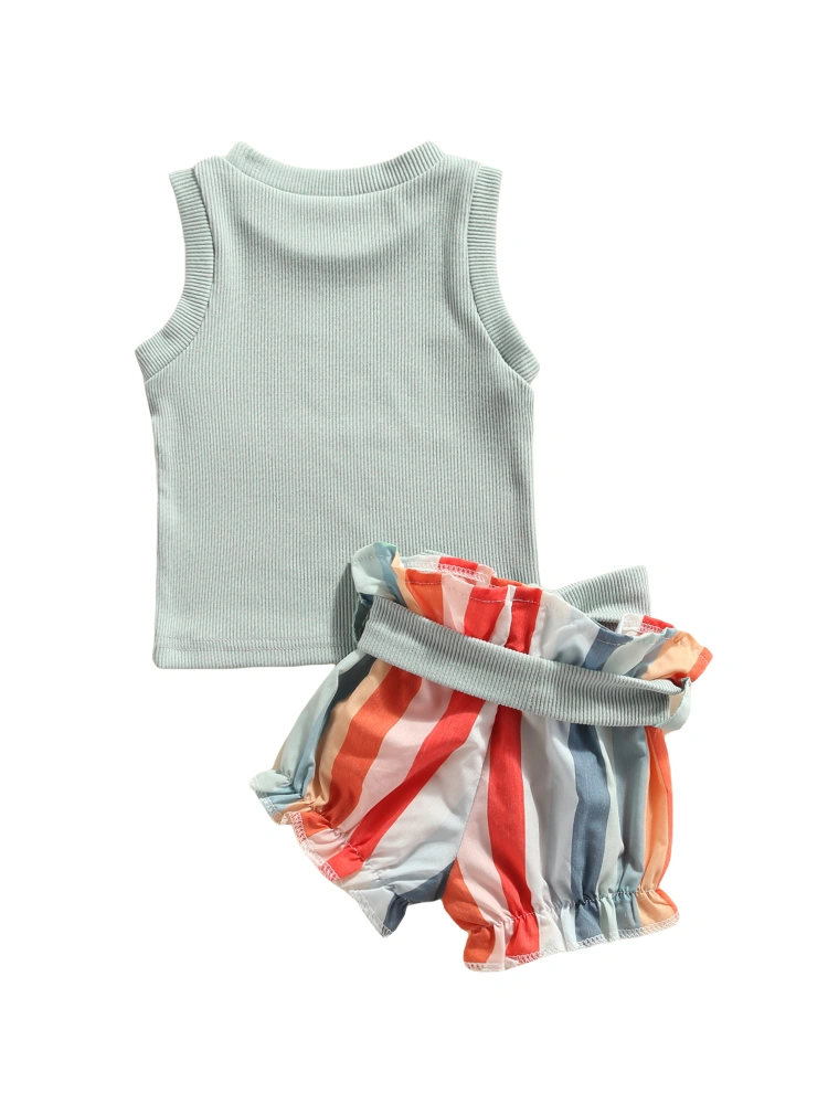 Baby Tank + Shorts, Bow Belt Vertical Stripes Rainbow Pattern