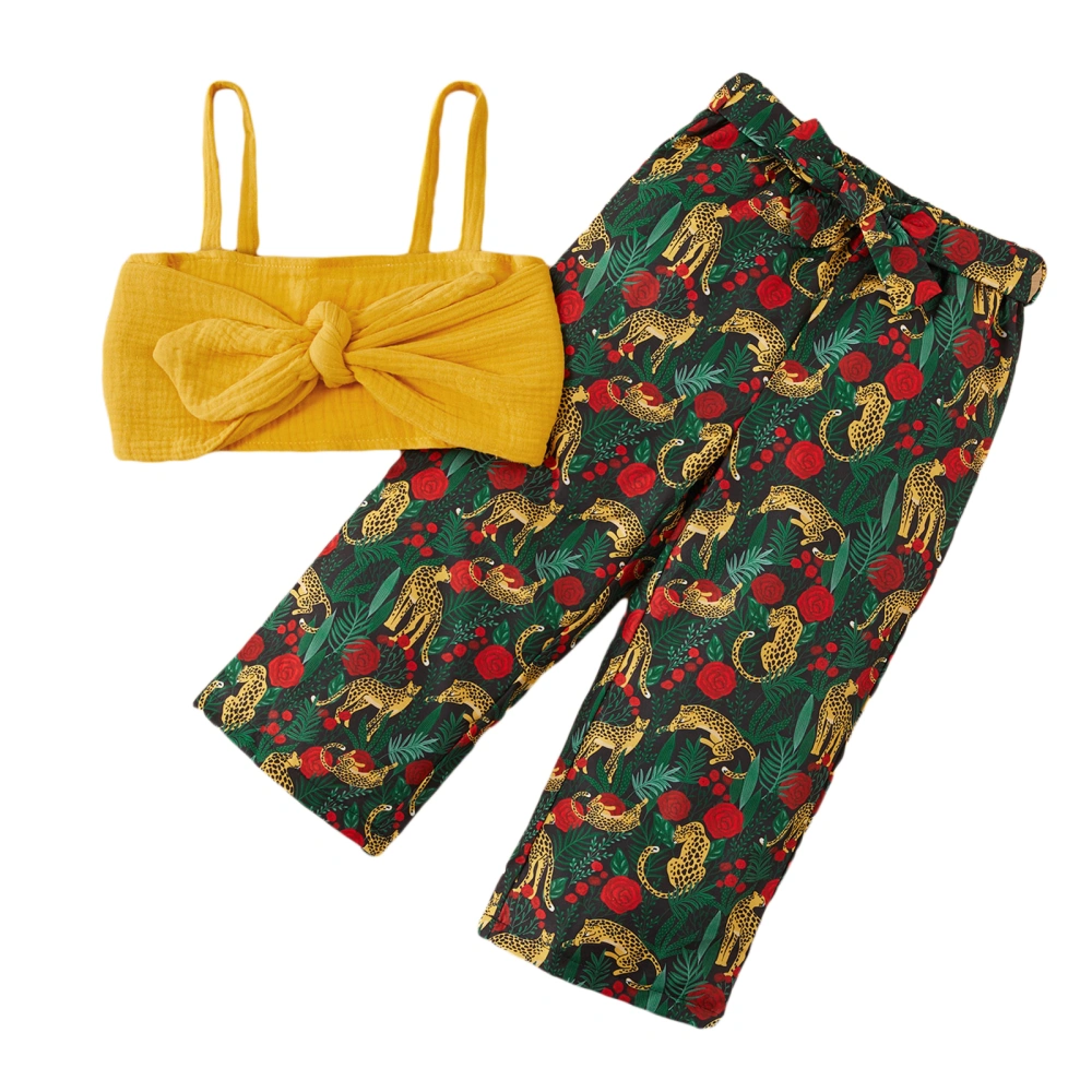 Little Girl Outfits Solid Color Bowknot Short Tank Tops + Print Pant