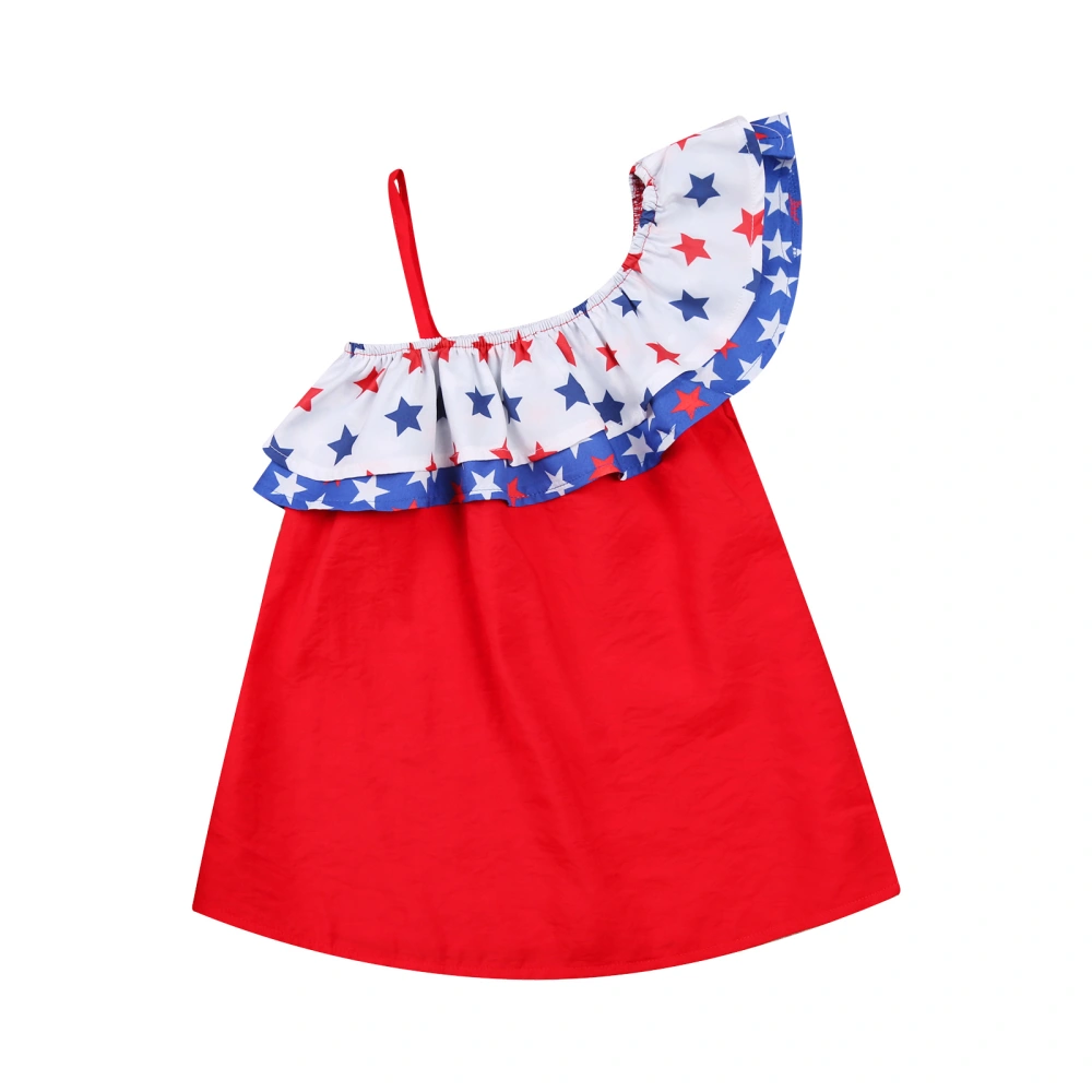 Girl's Independence Day Printed Dress, Ruffled Neckline One-shoulder Sling Skirt