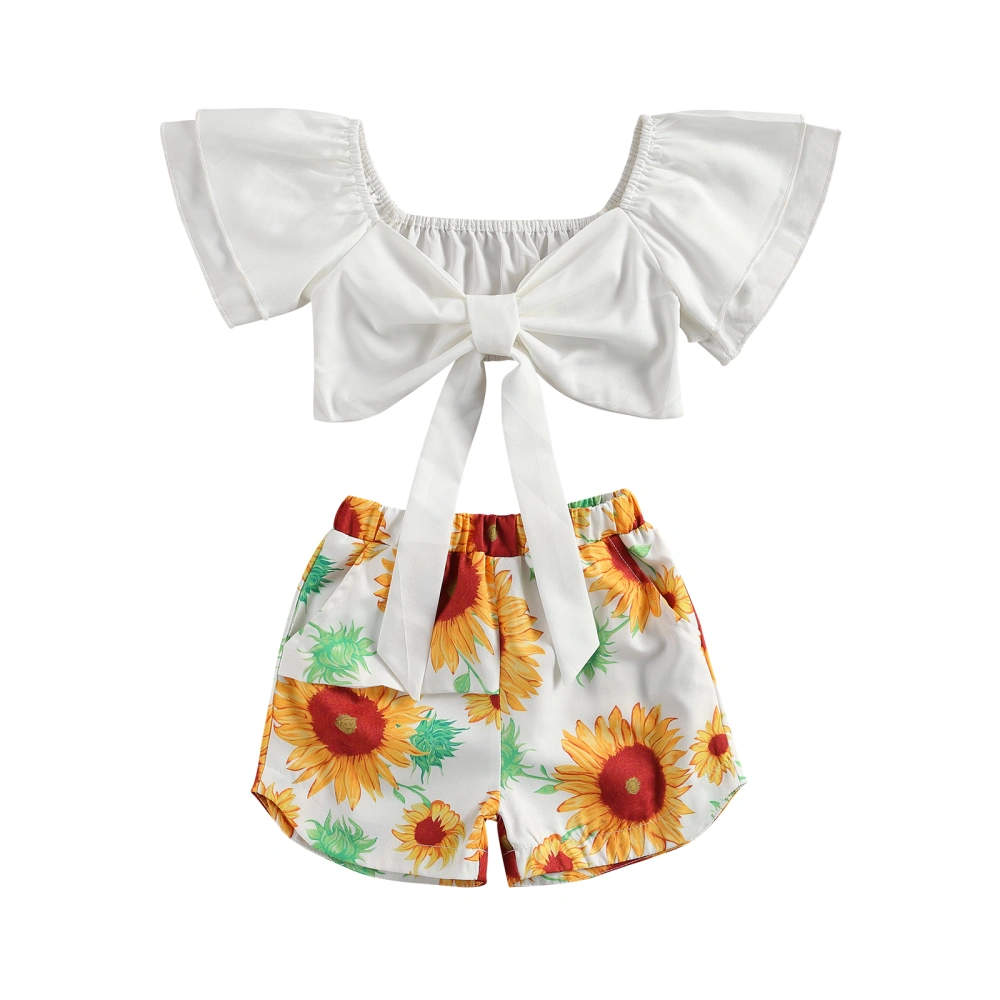 Girl's Two-piece Suit, Bowknot Cropped Tops and Sunflower Print Shorts