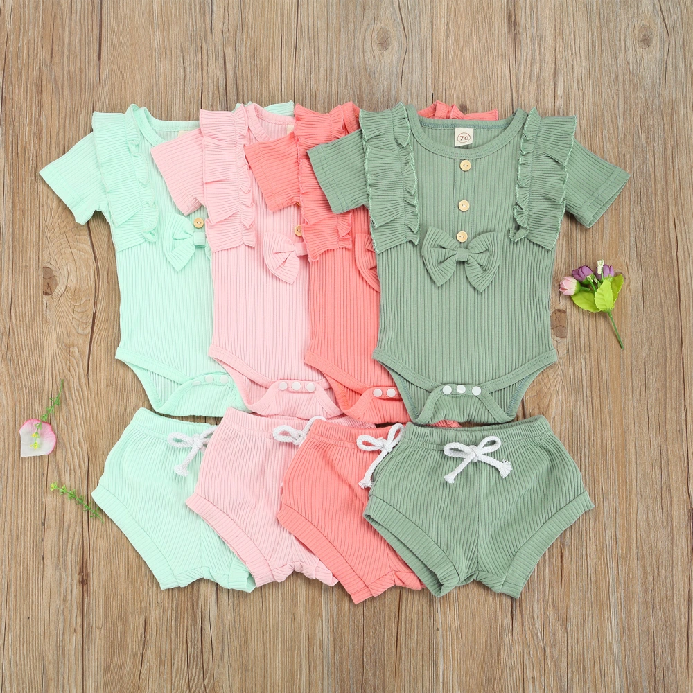 Girls Solid Color Clothes Set, Short Sleeve Romper+Drawstring Shorts