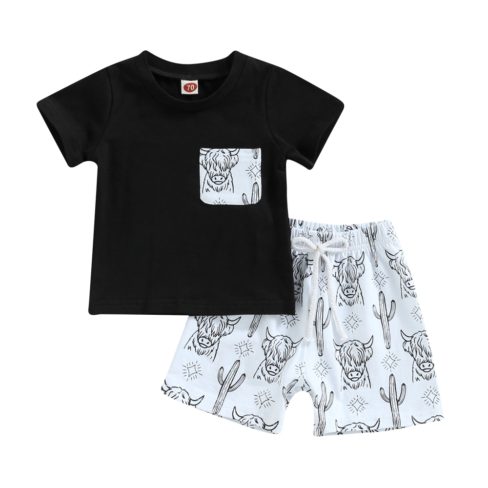 Boys Black Short Sleeve O Neck Tops + Cattle Head Print Shorts