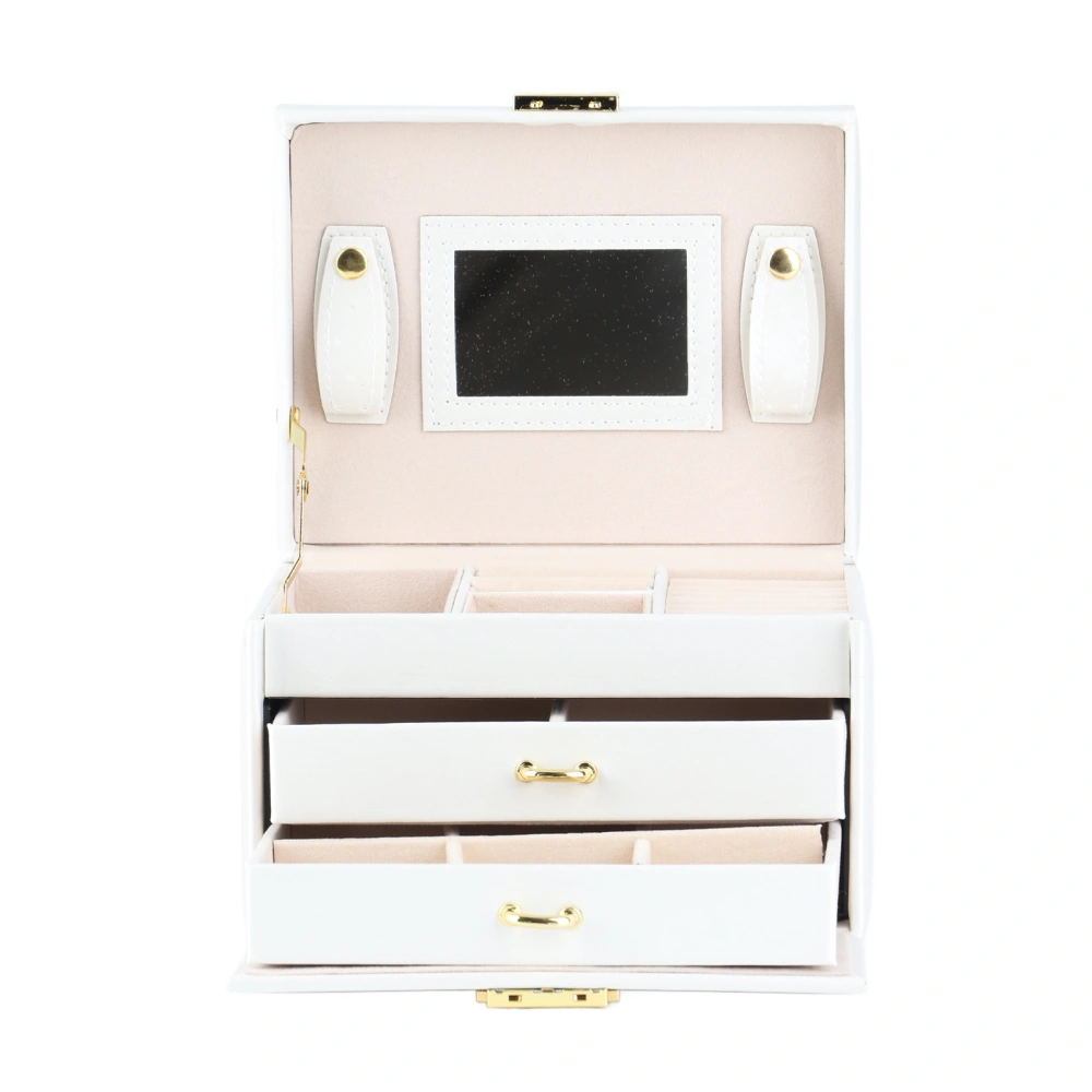 3 Tiers PU Leather Jewelry Storage Case Display Box Holder Organizer with Mirror (White)