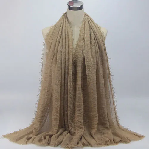 Women Soft Bubble Plain Wrinkle Hijab Solid Color Scarves with Fringes