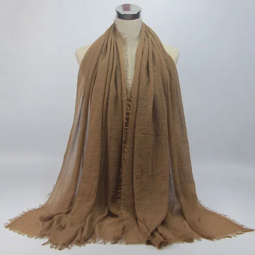 Women Soft Bubble Plain Wrinkle Hijab Solid Color Scarves with Fringes
