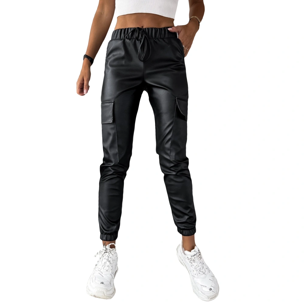 Women's Faux Leather Jogger Pants, High Waist Flap Pocket Leggings