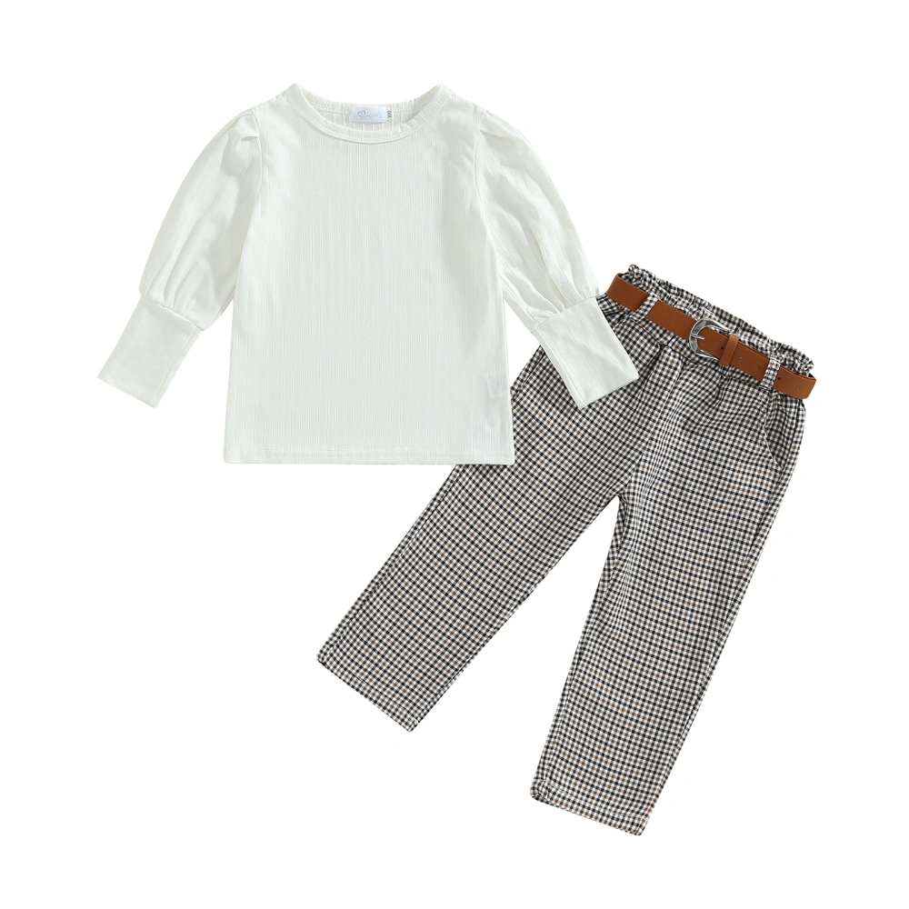 Kids Girl Spring Outfits Solid Color Tops Plaid Pants Waistbelt