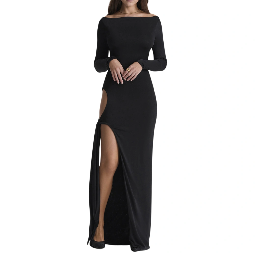 Women Wrapped Dresses Long Sleeve Boat Neck Split Hem Long Midi 