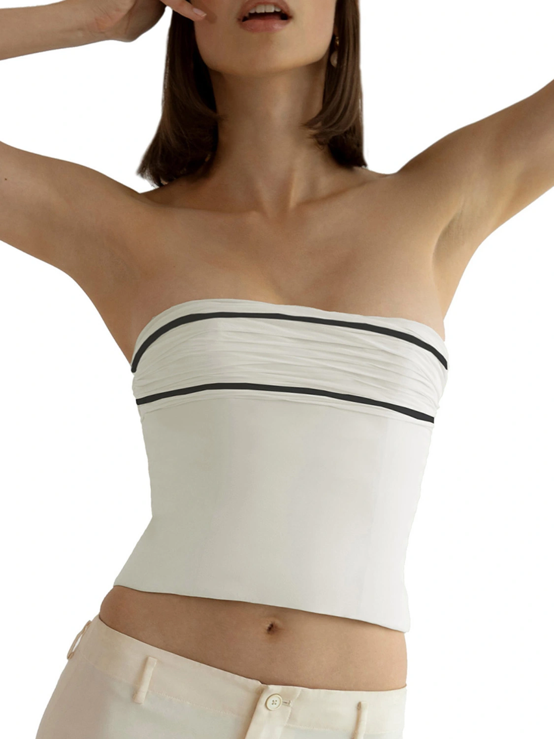 Women Basic Ruched Bandeau Contrast Color Summer Off-shoulder Tops