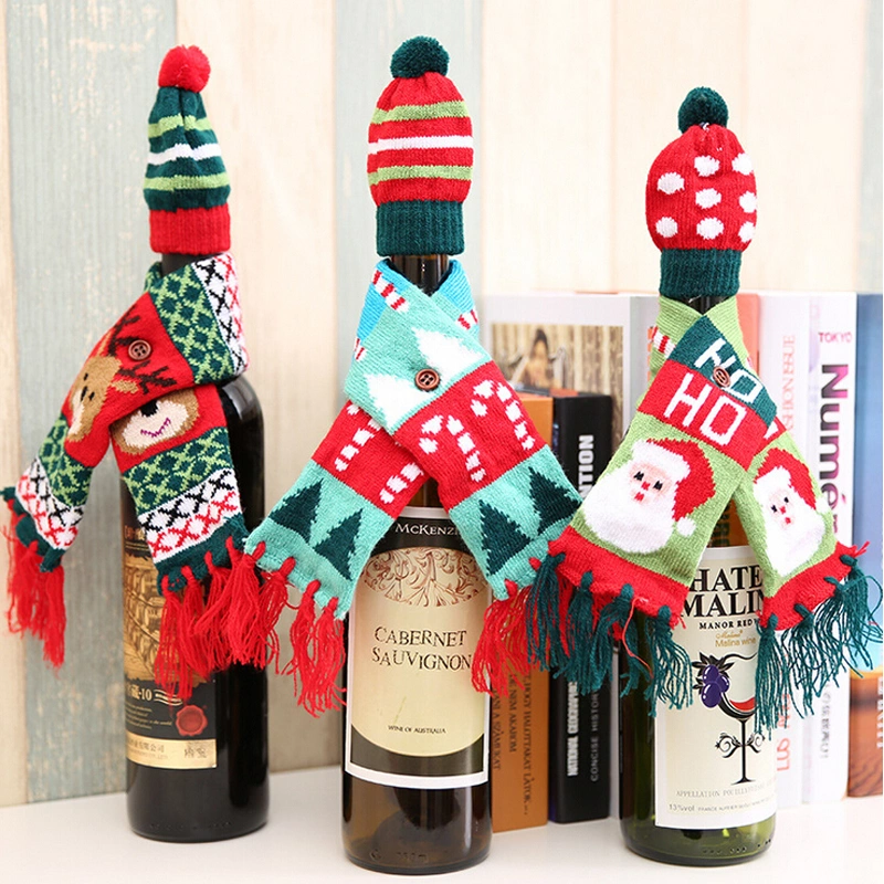 Christmas Pattern Wine Bottle Decoration Knitted Scarf Hat Cover Xmas Ornament