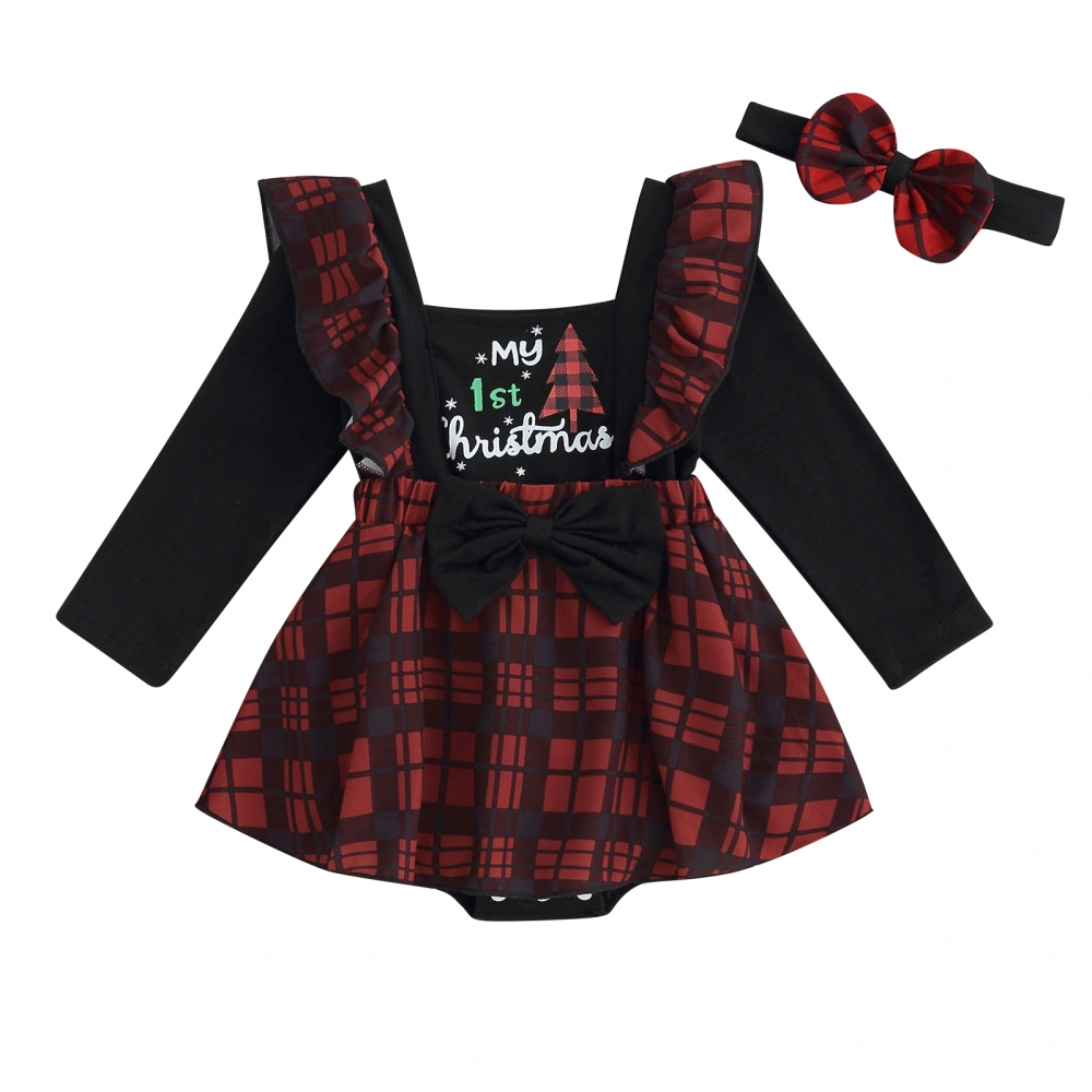 Baby Girls 2 Piece Outfits Christmas Plaid Romper Dress and Headband