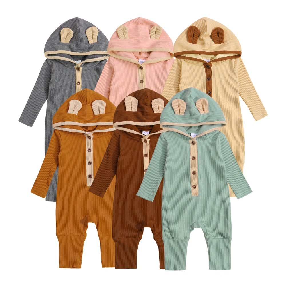 Baby’s Contrast Color Button Round Neck Long Sleeve Hooded Jumpsuit