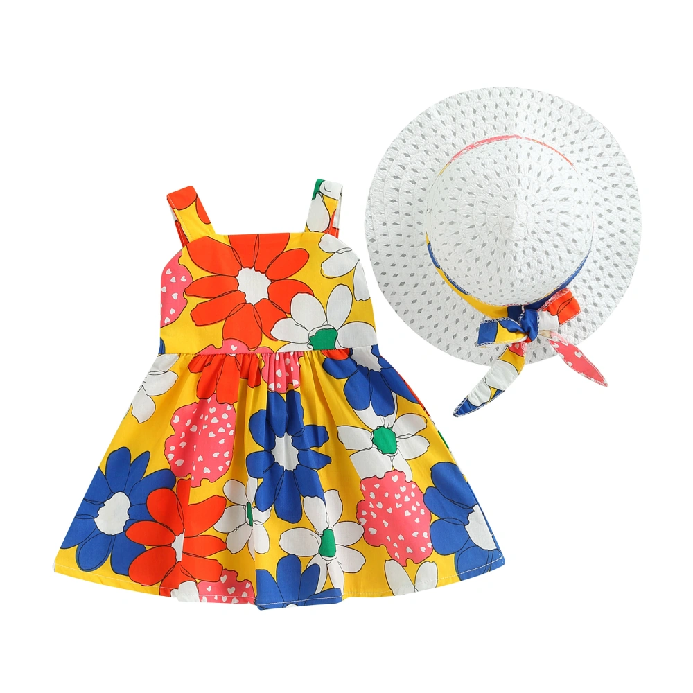 Kid Girl Dress Suits, Sleeveless Flower Printing Dress + Hat Set