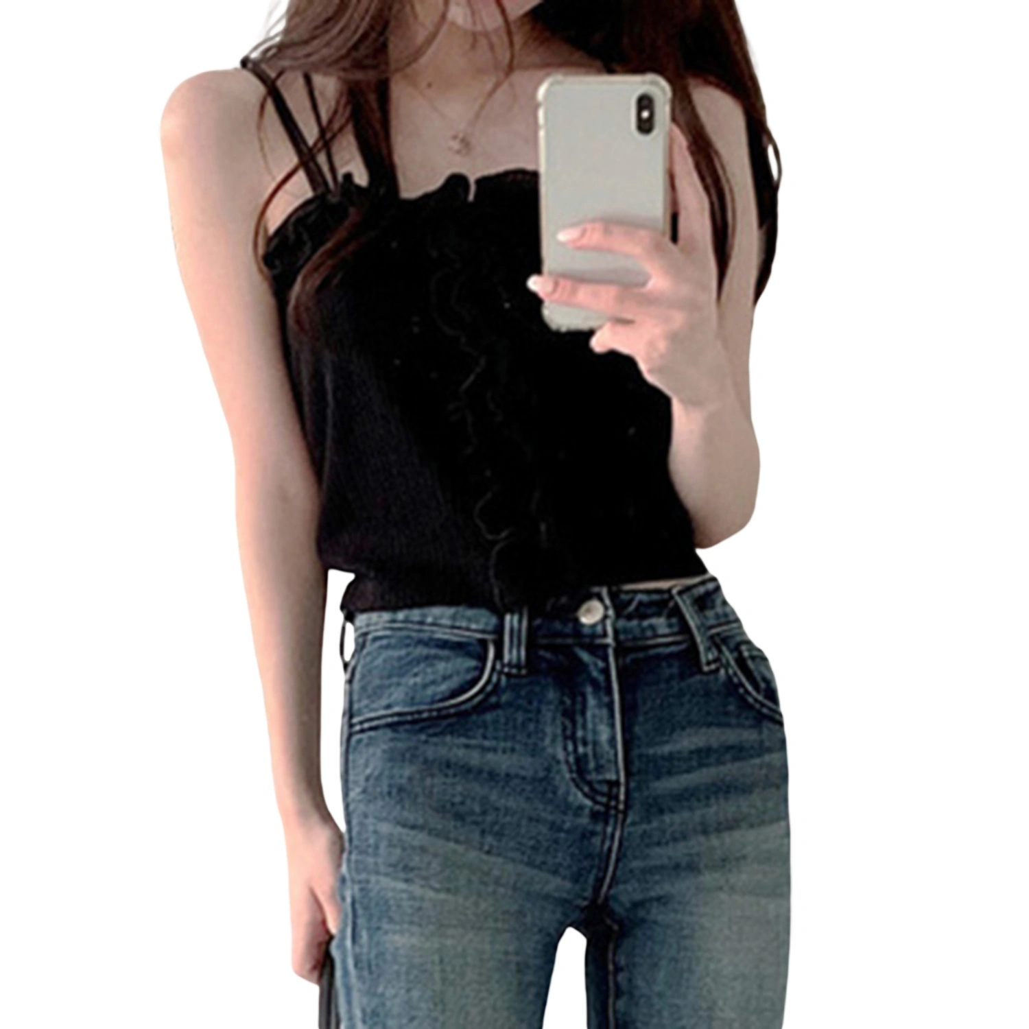 Women Solid Color Ruffled Sling Vest Street Casual Vest Tops
