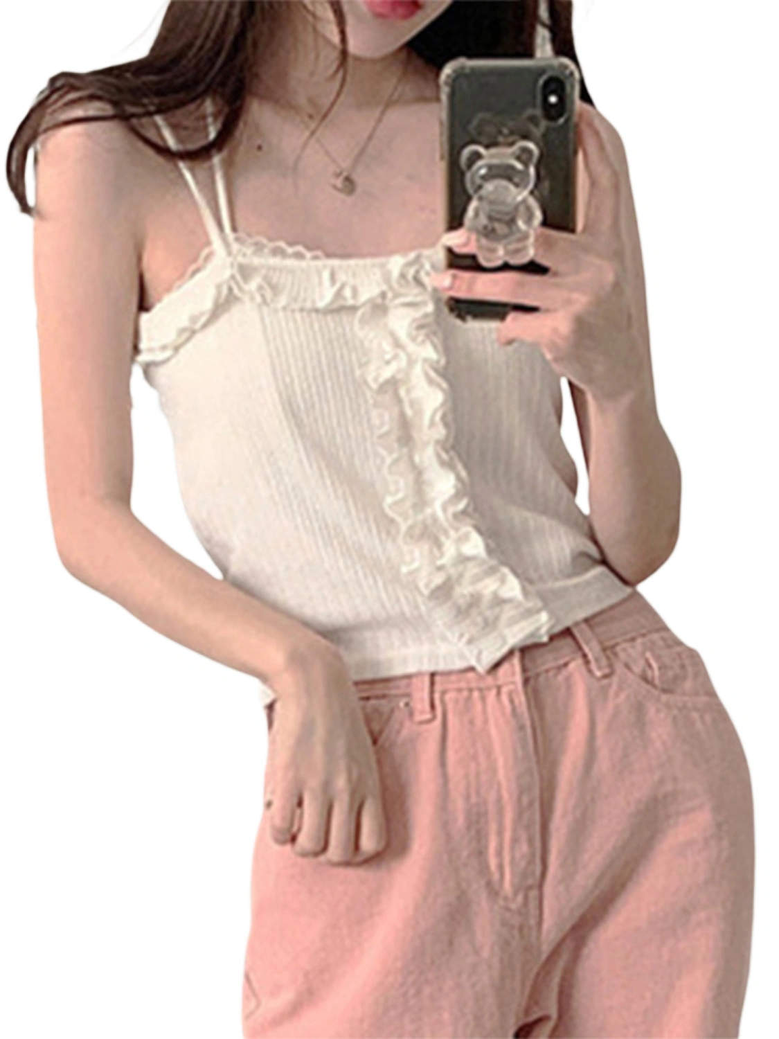 Women Solid Color Ruffled Sling Vest Street Casual Vest Tops