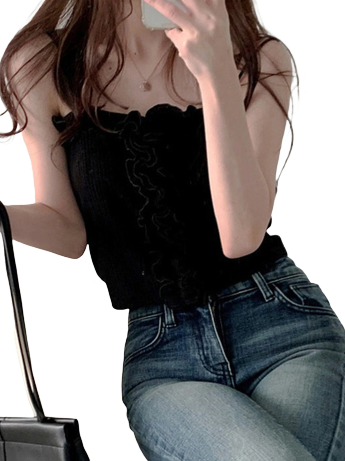 Women Solid Color Ruffled Sling Vest Street Casual Vest Tops