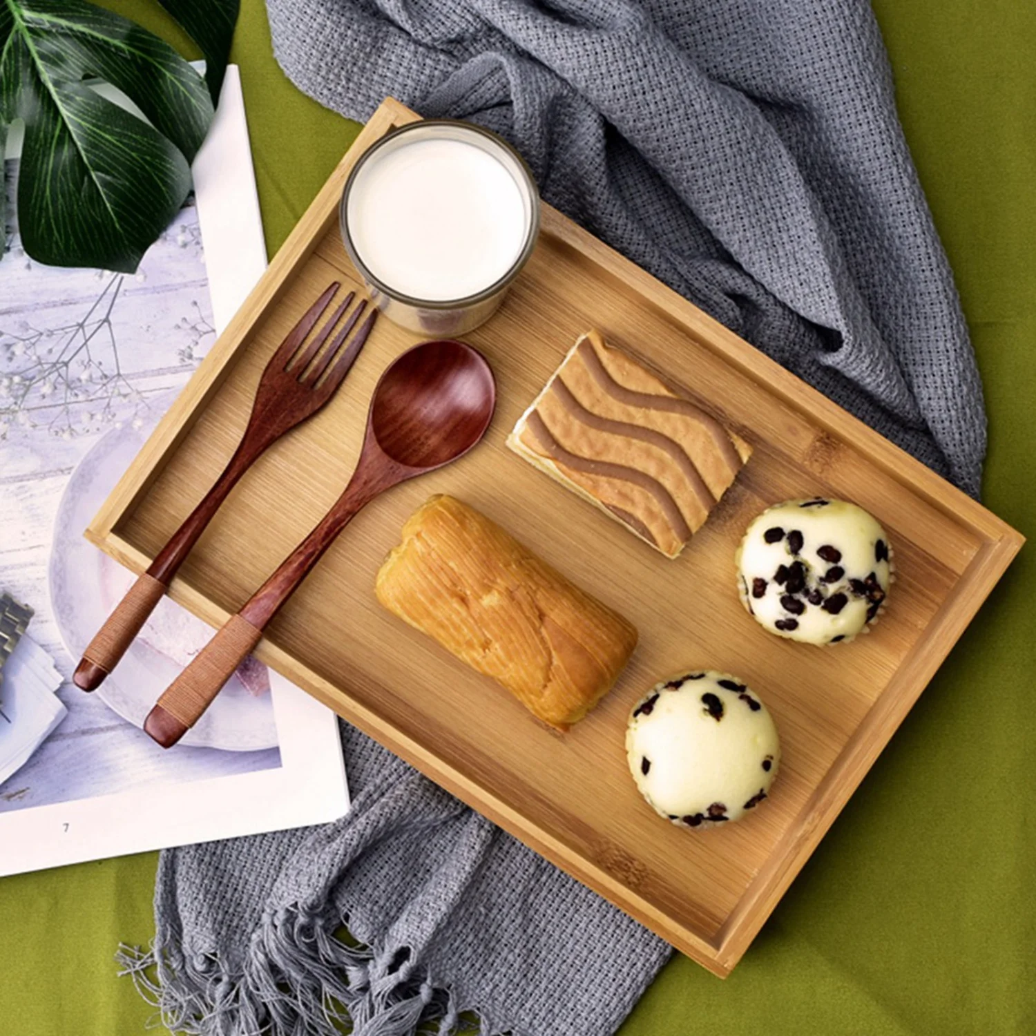 Japanese Style Rectangular Fruit Tea Food Serving Tray for Restaurant Home (28*19.5*3cm)