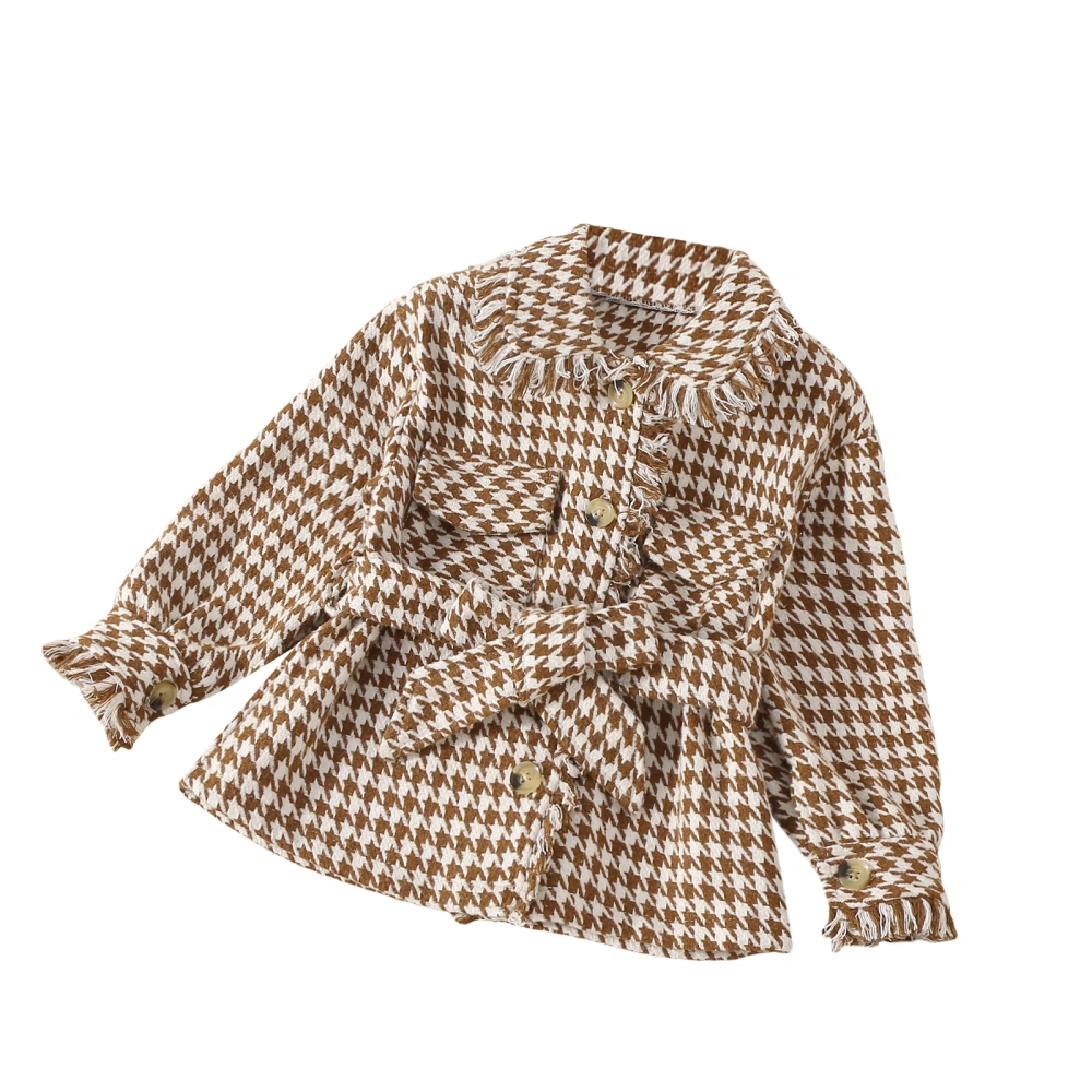 Girls Long Sleeve Lapel Houndstooth Print Button Down Coat with Belt