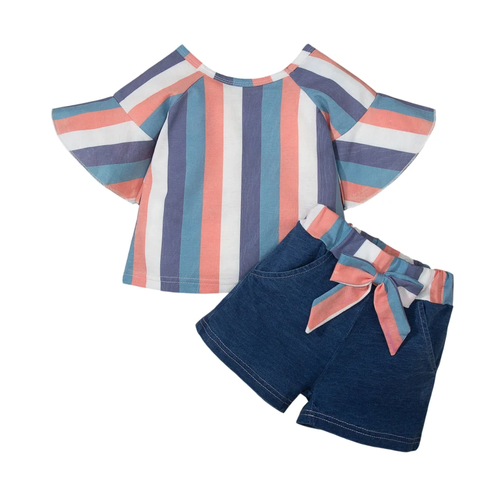 Girls Summer Tracksuit, Stripe O-Neck Mandarin Sleeves Tops + Shorts