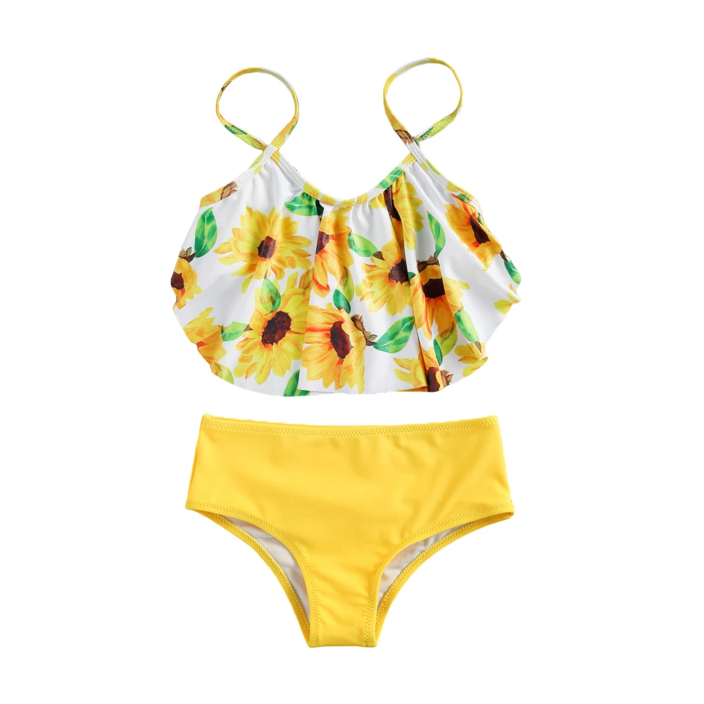 Girl Two-piece Swimsuit, Sunflower Print Sleeveless Ruffle Camisole and Panty