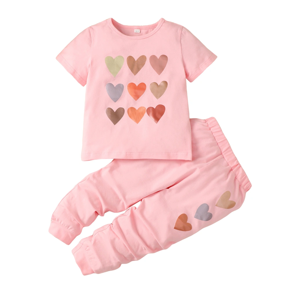 Toddler Heart Print Short Sleeve T-Shirt + Elastic Waist Long Pants