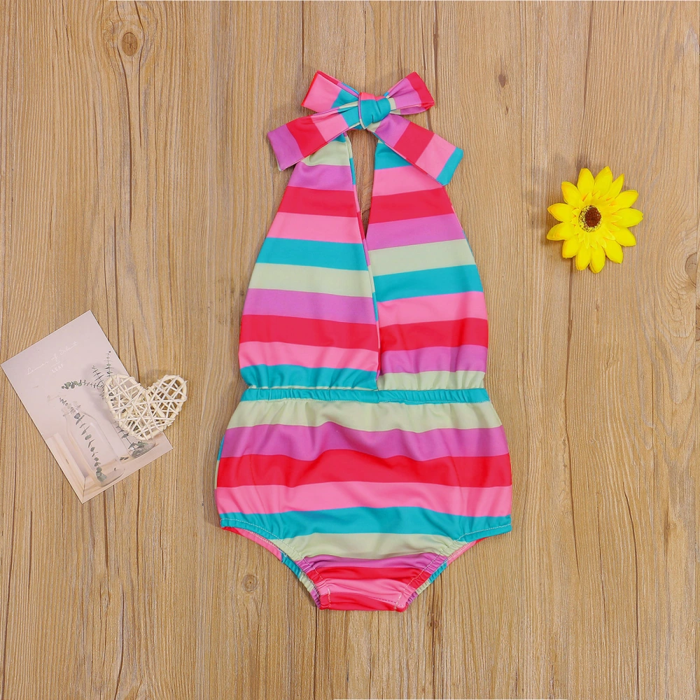 Girls Casual Backless Swimwear, Multicolor Off-the-shoulder One-piece