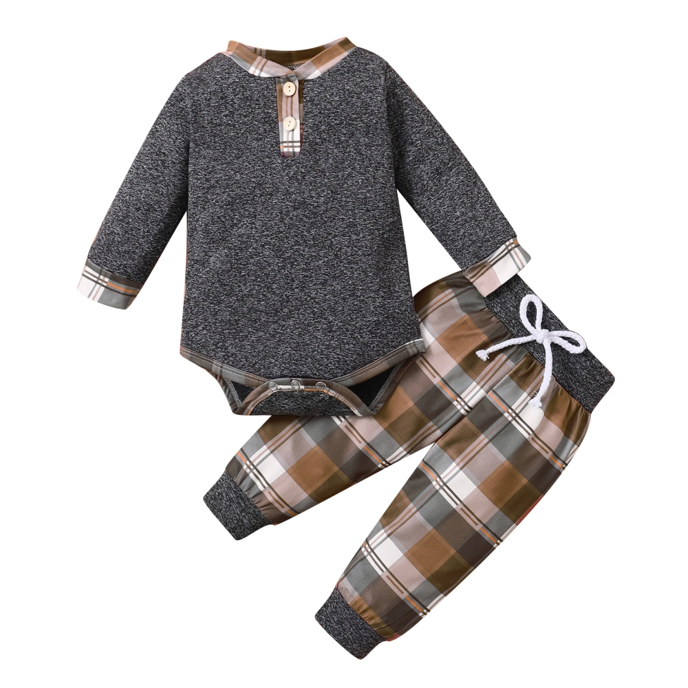 Baby Plaid Print/Camouflage Clothes Set, O-neck Romper+Trousers