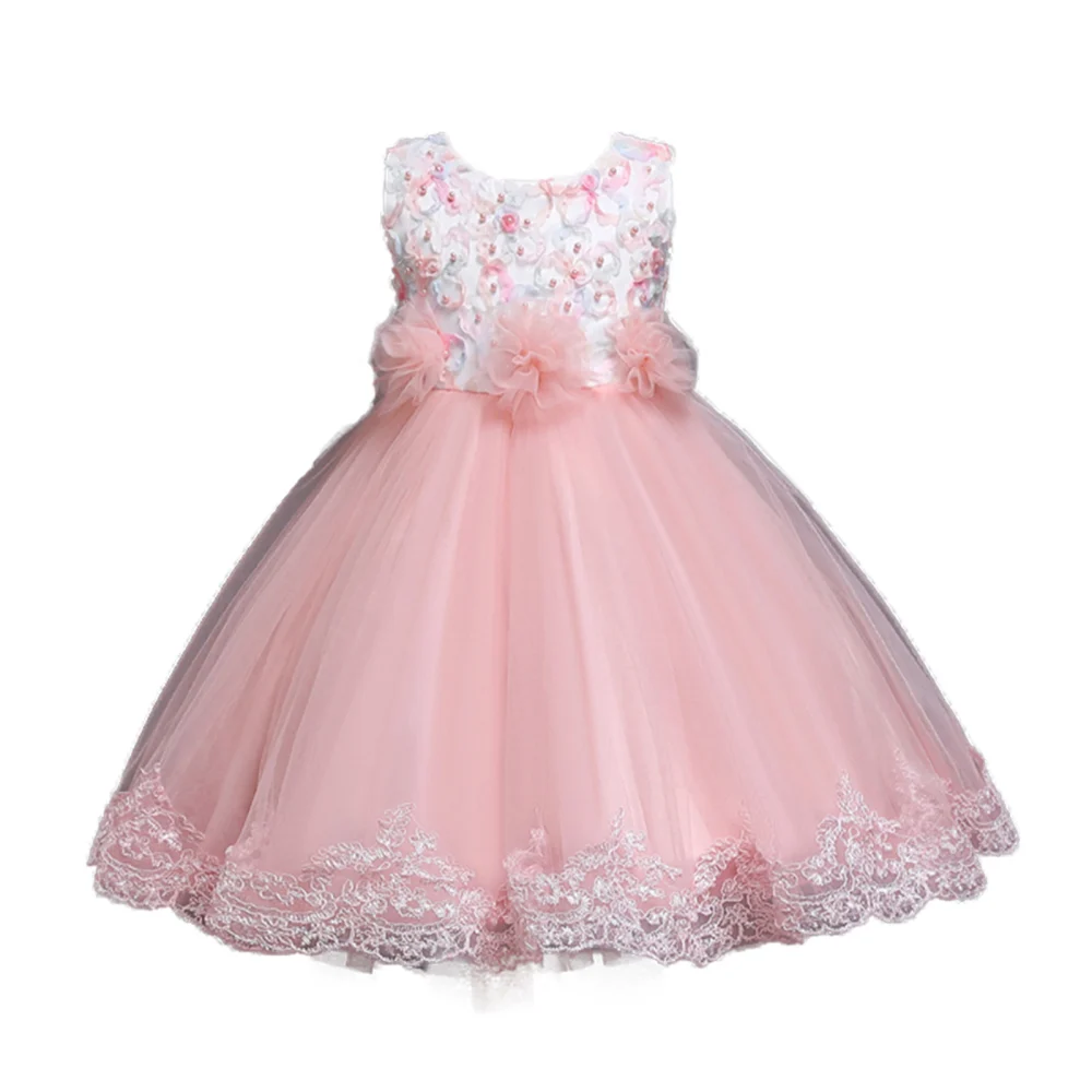 Girls Embroidered Floral Tulle Mesh Formal Party Princess Dress