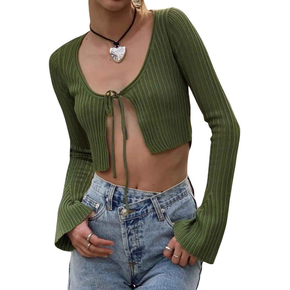 Women Cropped Tops Long Sleeve U Neck Solid Color Drawstring Shirt 