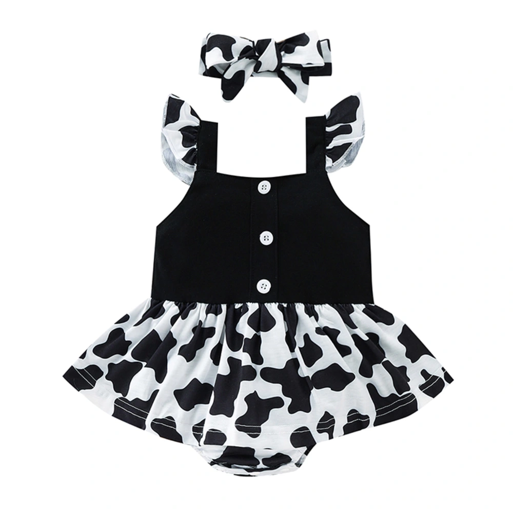 Baby Girl’s Cow Pattern Fly Sleeve Romper/Dress with Headband