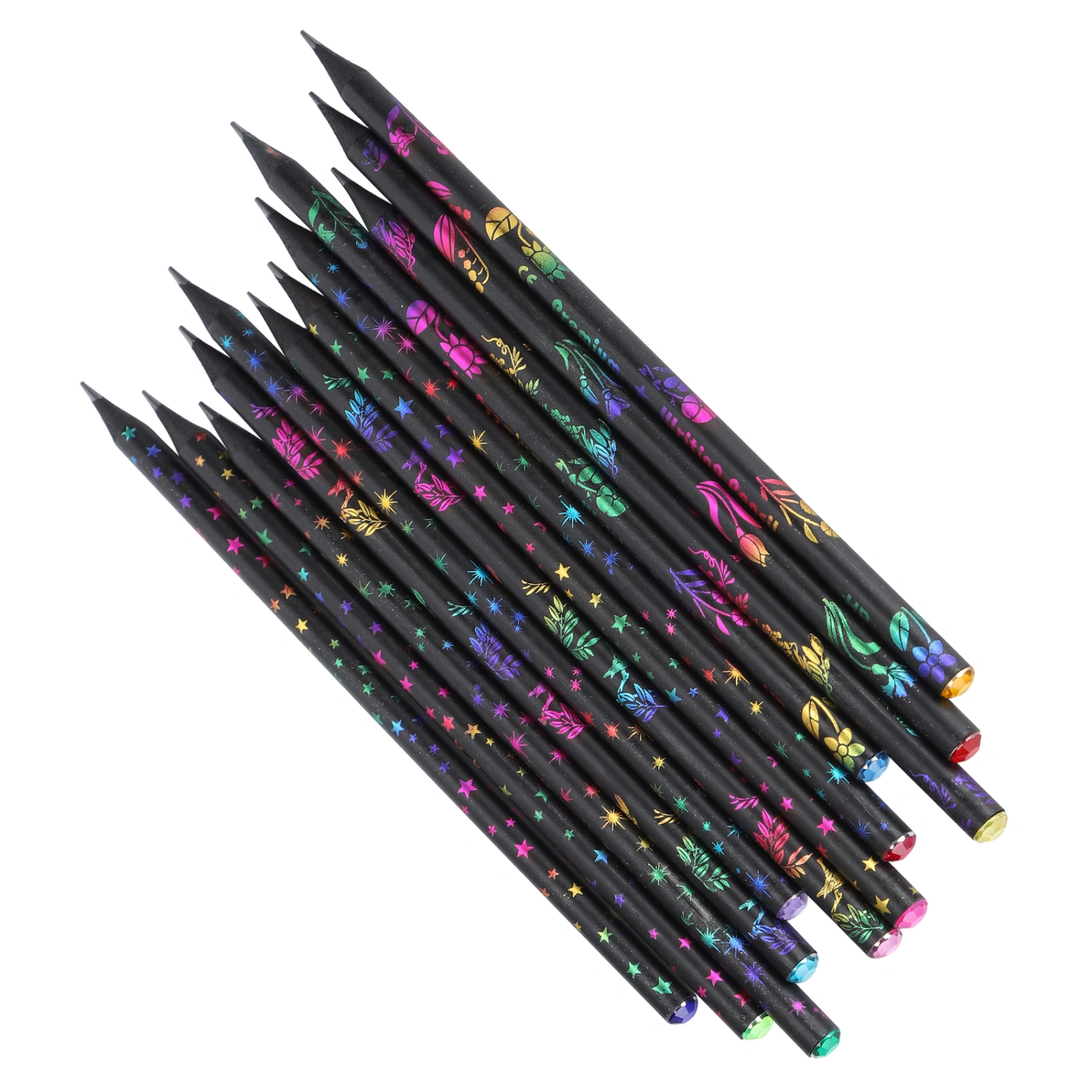 12pcs Blackwood HB Pencil Children Writing Drawing Pencil with Inlaid Rhinestone