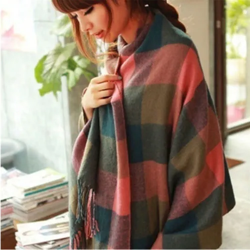 Women Winter Casual Wrap Plaid Color Block Warm Long Cashmere Scarf