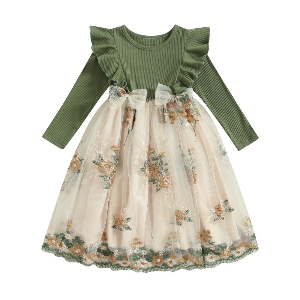 Kids Girls Dress Lace Flower Embroidery Crew Neck Ruffles Dress