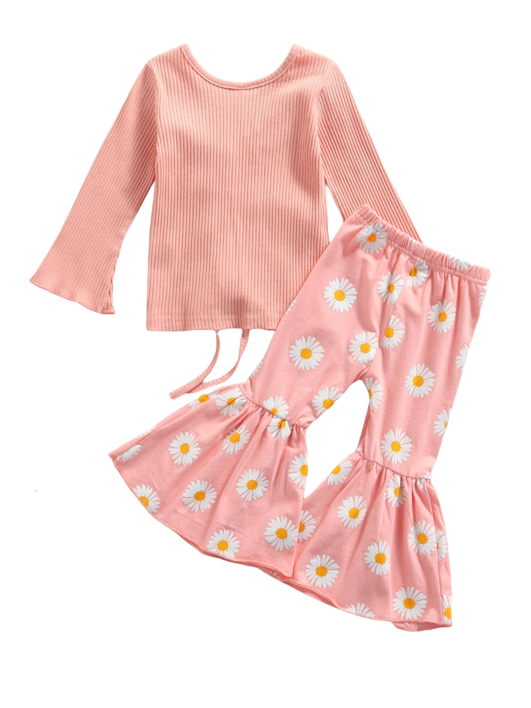 Girl’s Solid Color Long Sleeve Tops and Daisy Trumpet Trousers Suit