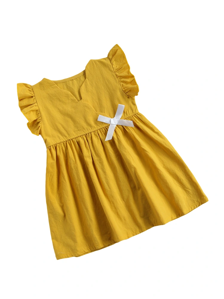 Girls Casual Dress, Yellow V-neck Fly Sleeves Bow Knot One-piece