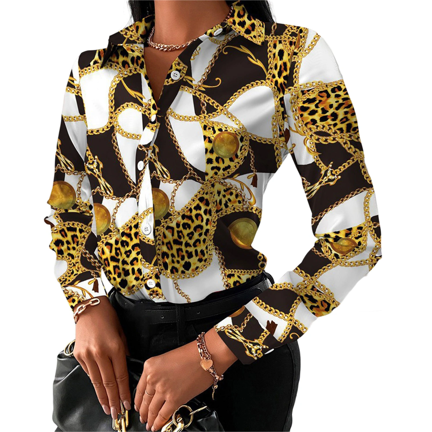Women Wild Shirts Chain/Floral/Letter/Geometric Square Print Blouse