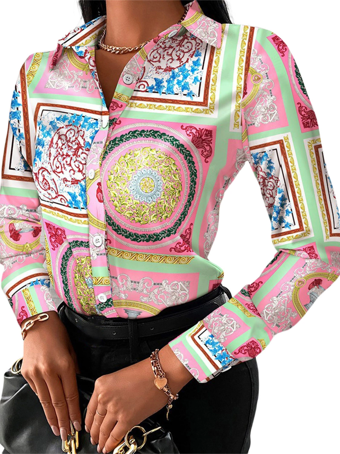 Women Wild Shirts Chain/Floral/Letter/Geometric Square Print Blouse