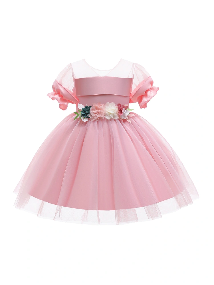 Kids Princess Dress, Girls Puff Sleeves Skirt with Flower and Bowknot