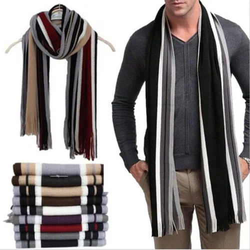 Men Autumn/Winter Casual Wrap Vertical Stripe Cotton Long Knit Scarf