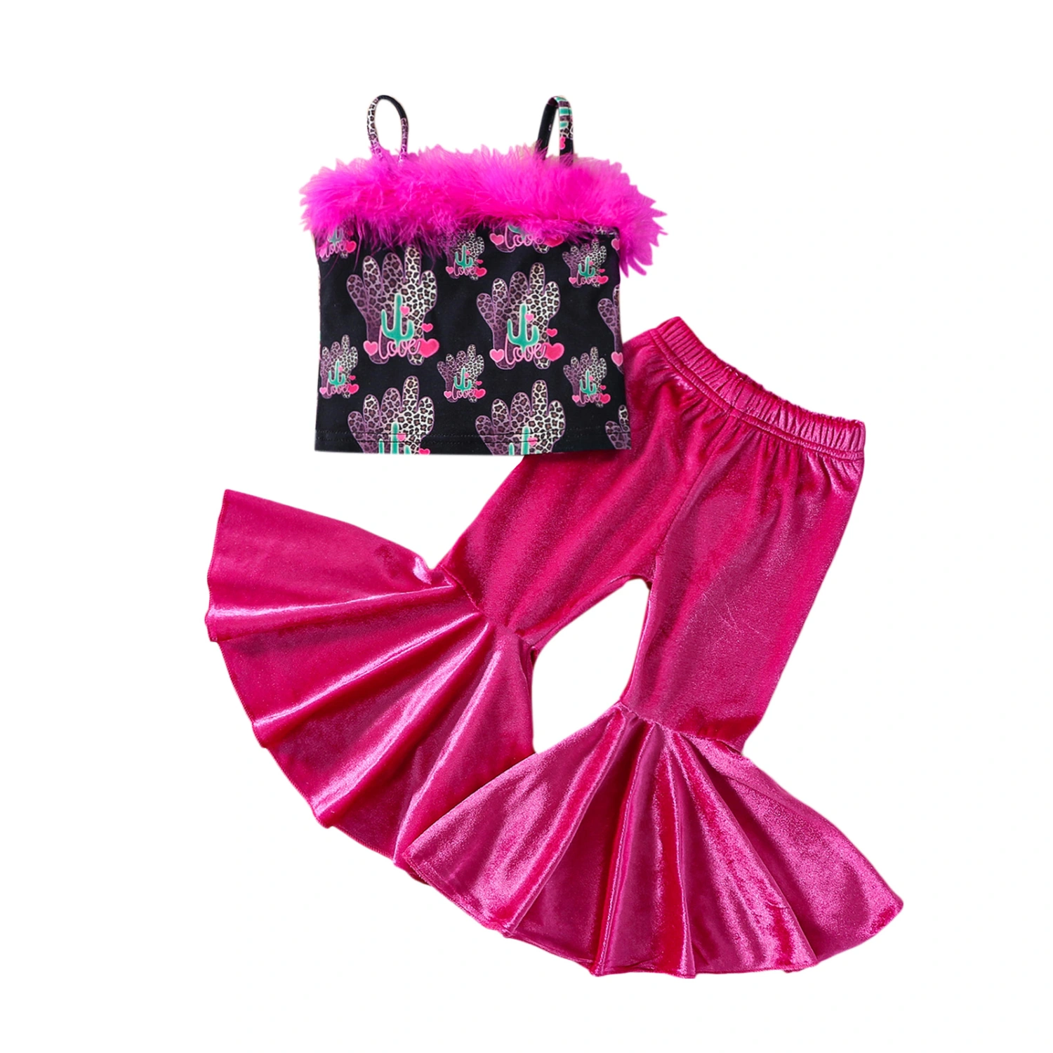 Kids Girls Summer Outfits Feather Patchwork Camisole and Flared Pant