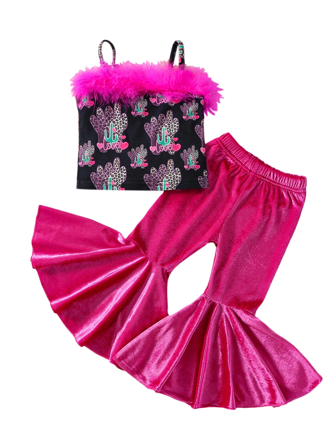 Kids Girls Summer Outfits Feather Patchwork Camisole and Flared Pant