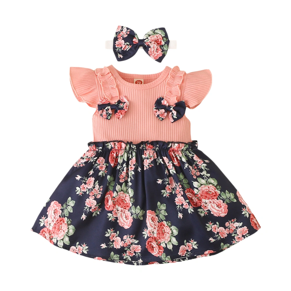 Girls Summer Flying Sleeve O Neck Floral Patchwork Dress + Headband