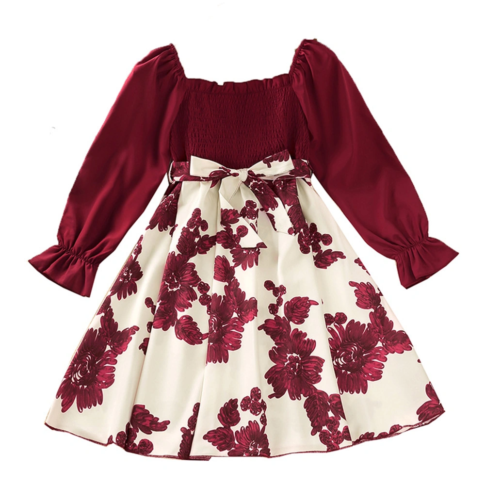 Kids Girls Dress Flower Print Square Neck Princess Dress with Belt