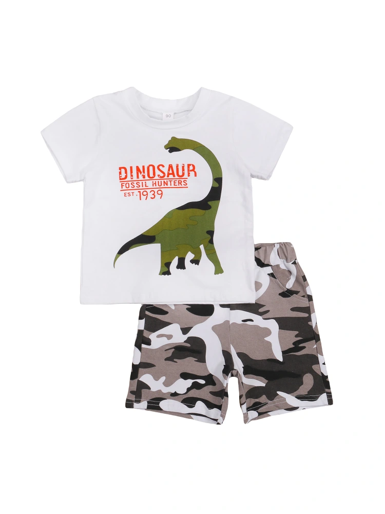 Toddler Boy 2Pcs Clothes Set, Dinosaur T-Shirt + Camo Shorts