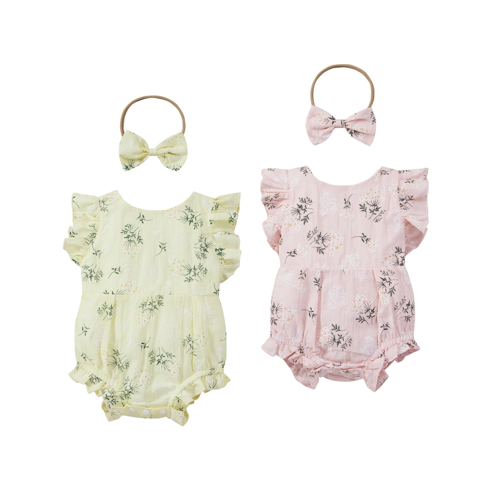 Baby Girl’s Floral Ruffles Stitching Fly Sleeve Romper and Headband